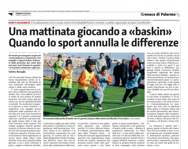 Fai canestro con Noi! Domenica 8 gennaio 2017 festa al parco con il Baskin